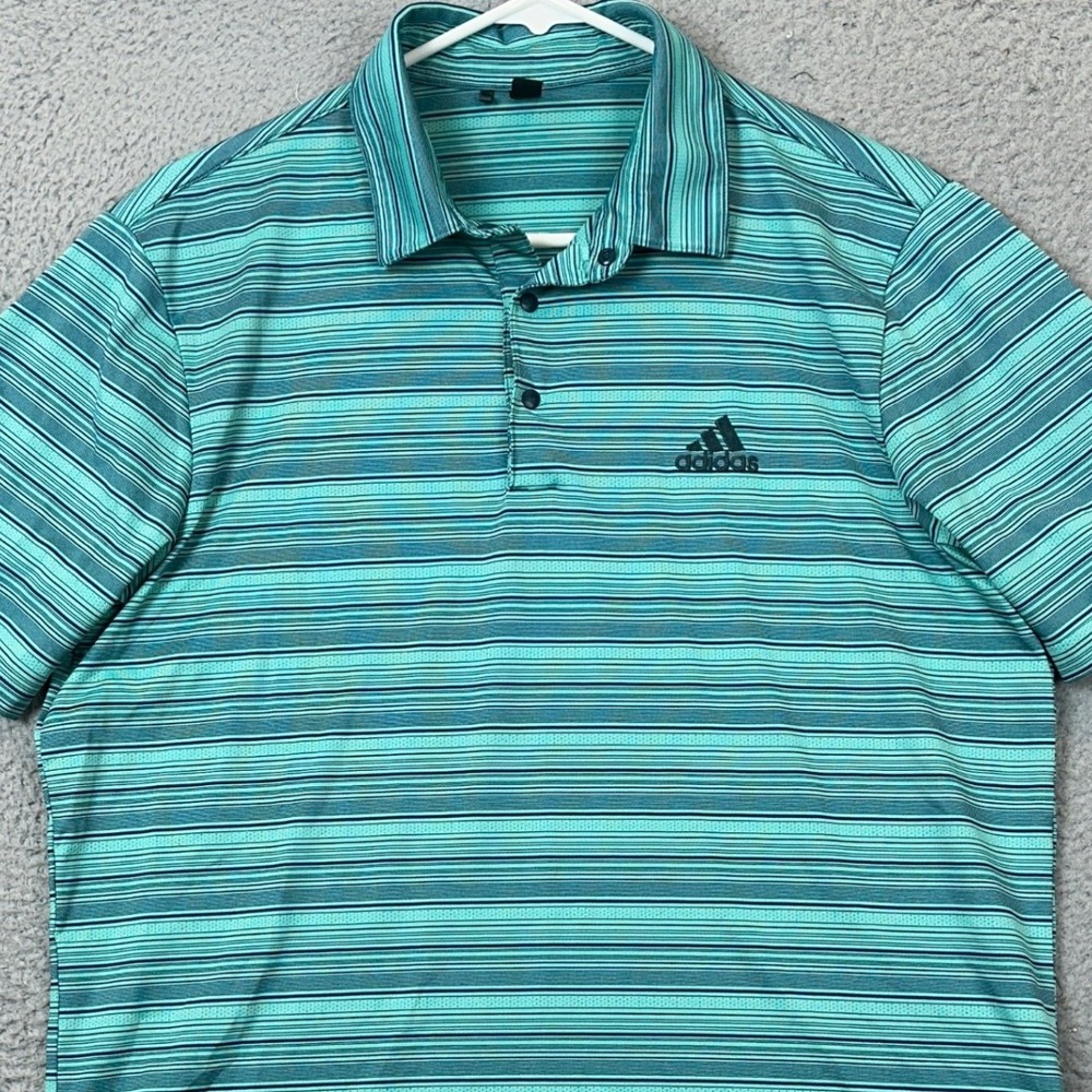 Adidas Polo Shirt Mens Medium Primegreen Teal Striped Golf Rugby Stretch EUC